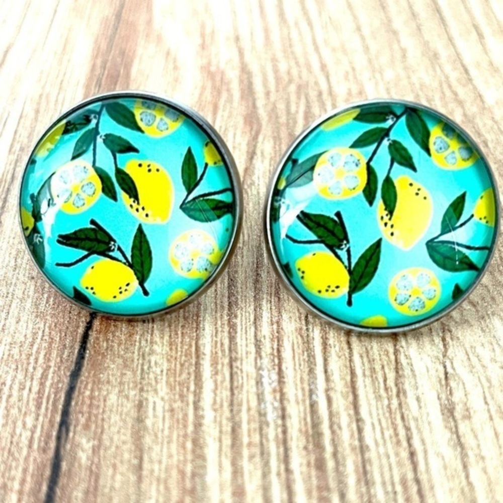 20mm Lemon Print Stainless Steel Stud Earrings, Unworn, Handmade, NWT